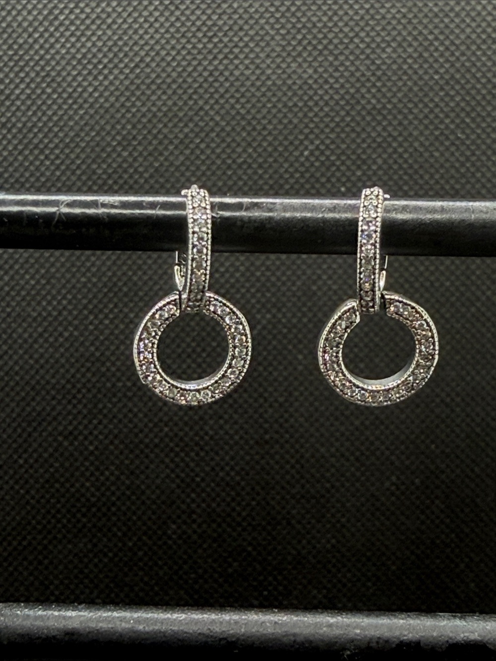 Sterling Silver Pave Circle Drop Huggie Earrings - Silver